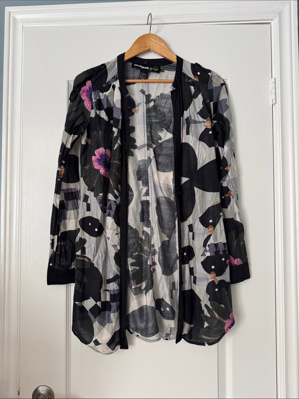Deisgual by Christian Lacroix Black and Gray Sheer Patterned Cardigan Size M